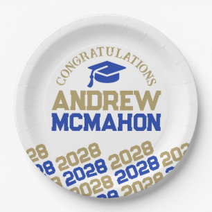 Blue & Gold on White Half Repeat Grad Personalised Paper Plate