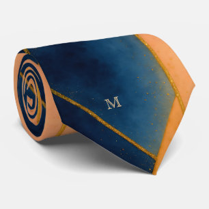 Blue Gold Orange Geometric Pattern Monogram Tie