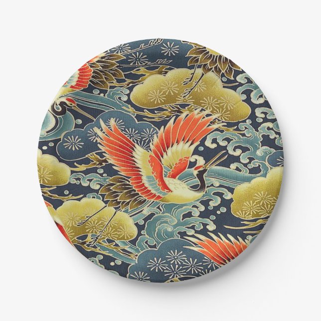 Blue Gold Orange Japanese Kimono Bird Crane Paper Plate (Front)
