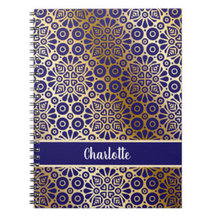 Blue gold oriental pattern script monogram notebook