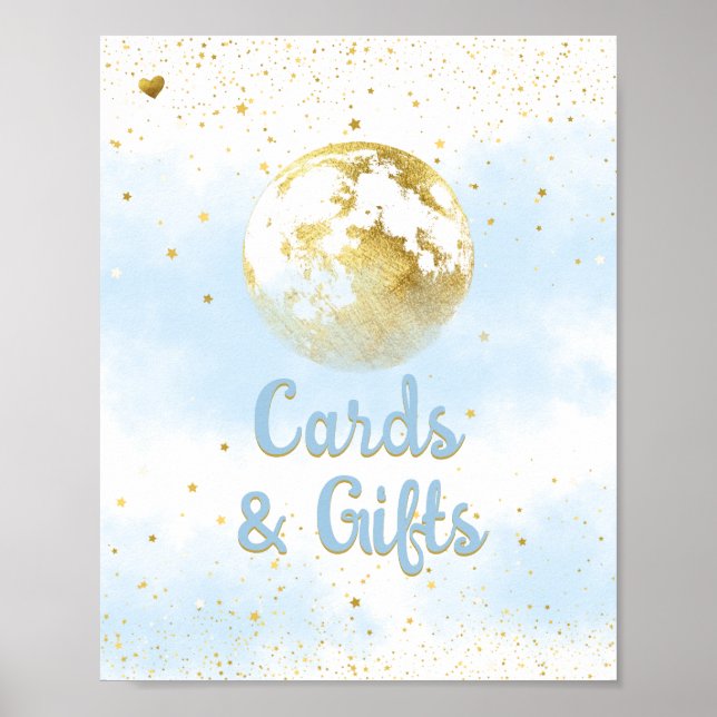 Blue Gold Over the Moon and Stars Baby Shower Sign (Front)