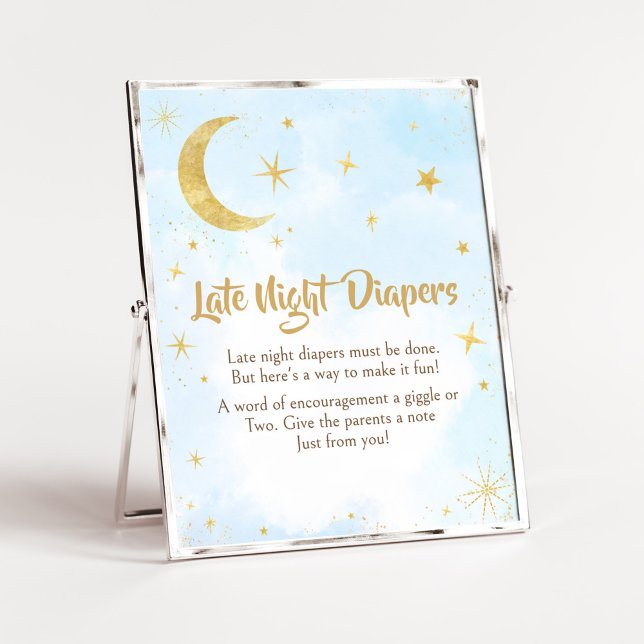Blue Gold Over The Moon Baby Late Night Diapers Poster (Moon and Stars Baby Shower Late Night Diapers Sign)