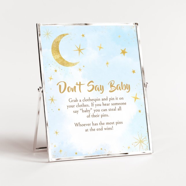 Blue Gold Over The Moon Baby Shower Don't Say Baby Poster (Moon and Stars Baby Shower Don't Say Baby Sign)