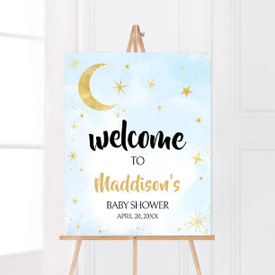 Blue Gold Over The Moon Baby Shower Welcome Poster