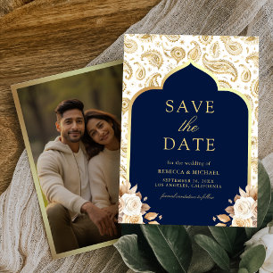 Blue Gold Paisley Floral Indian Wedding Photo Save The Date