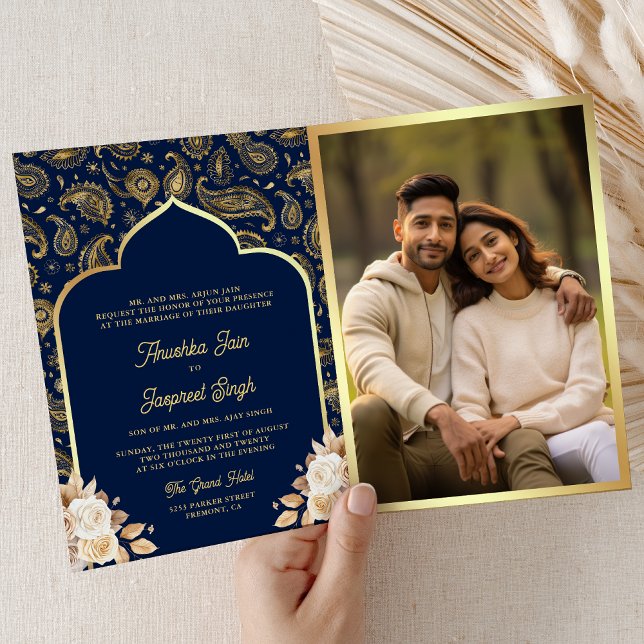 Blue Gold Paisley Floral QR Code Indian Wedding Invitation (Inside)
