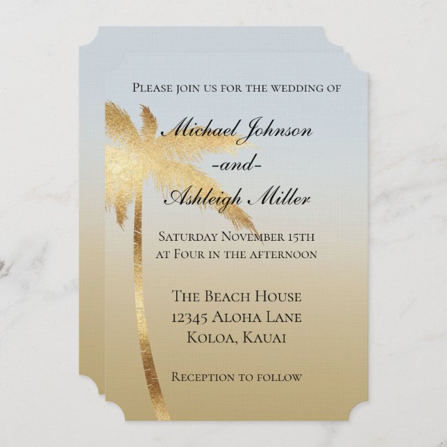 Blue Gold Palm Tree Ombre Wedding Invitation (Front/Back)
