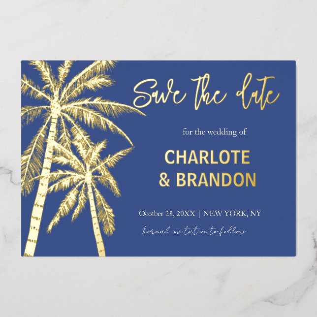 Blue Gold Palm Trees Beach Wedding Save The Date (Front)