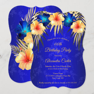 Blue Gold Palms Hibiscus Damask Birthday party Invitation