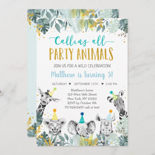 Blue Gold Party Animal Safari Birthday Invitation (Front/Back)