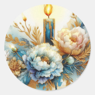 Blue gold pastel candle peonies watercolor glitter classic round sticker