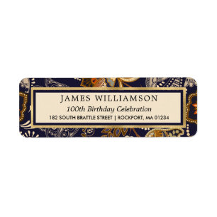 Blue Gold Pattern 100th Birthday Return Address Label