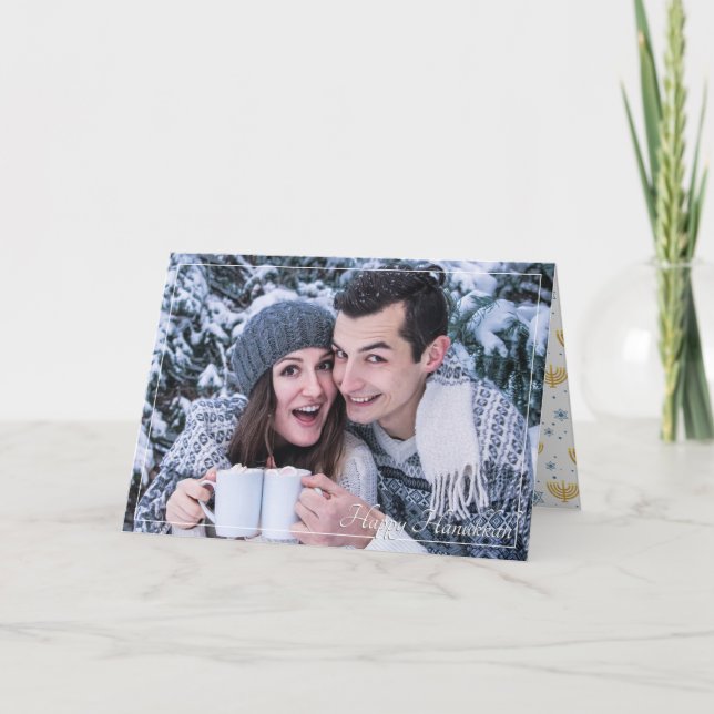 Blue & Gold Pattern Happy Hanukkah Photo Card (Front)