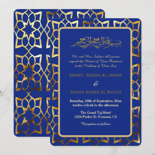 Blue gold  pattern islamic muslim wedding invitation
