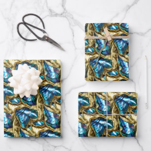 Blue gold paua shell pattern shimmer shells wrapping paper sheet