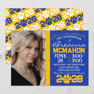 Blue & Gold Paw Print Graduation Photo Invitation