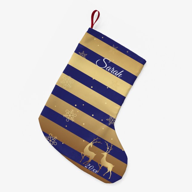 Blue Gold Peace Woodland Deer Small Christmas Stocking (Front (Hanging))