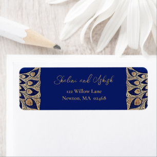 Blue Gold Peacock Art Nouveau Wedding  Return Address Label