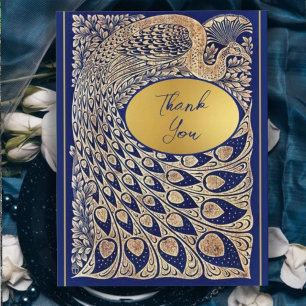 Blue Gold Peacock Art Nouveau Wedding Thank You Card