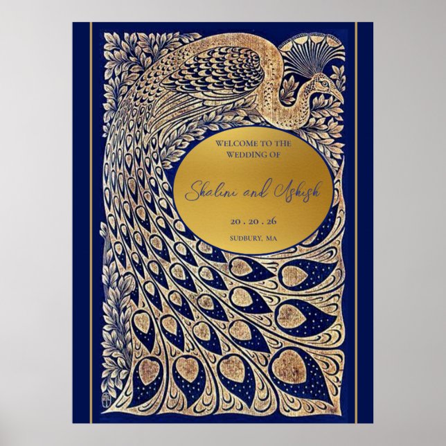 Blue Gold Peacock Art Nouveau Wedding Welcome Poster (Front)
