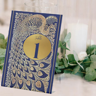 Blue Gold Peacock Art Noveau Wedding Table Number Pedestal Sign