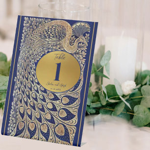 Blue Gold Peacock Indian Wedding Table Number Pedestal Sign