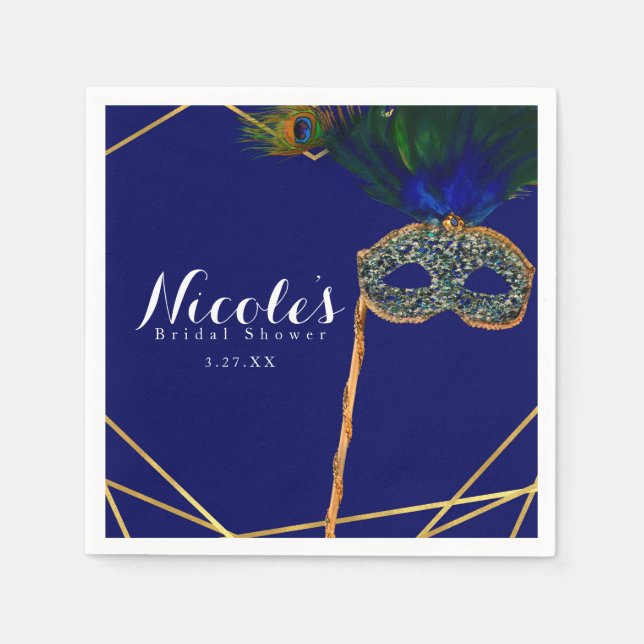 Blue & Gold Peacock Masquerade Custom Party Napkin (Front)