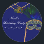 Blue & Gold Peacock Masquerade Party Custom Favour Classic Round Sticker<br><div class="desc">Blue & Gold Peacock Masquerade Party Custom Favour Stickers. Customise with any text you want.</div>