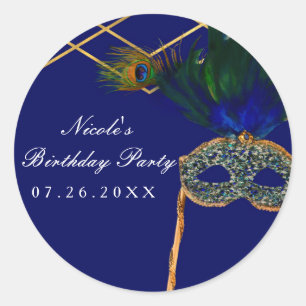 Blue & Gold Peacock Masquerade Party Custom Favour Classic Round Sticker