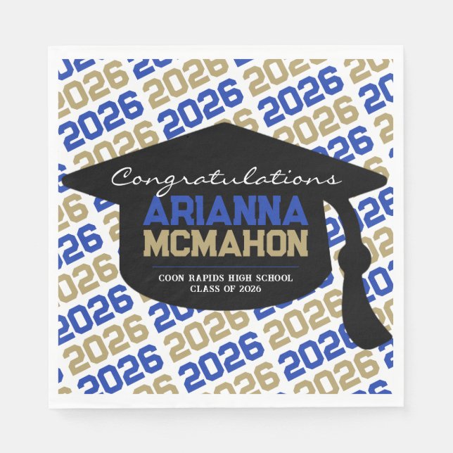 Blue & Gold Personalised Graduation Cap Paper Napkin (Front)