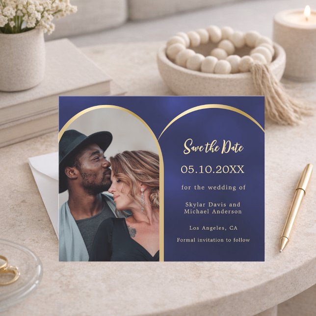 Blue gold photo arch wedding Save the Date card (Creator Uploaded)