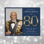 Blue Gold Photo Budget 80th Birthday Invitation<br><div class="desc">Blue Gold Photo Budget 80th Birthday Invitation. Get ready for an unforgettable milestone birthday bash with this sleek and sophisticated invitation! Featuring solid gold text that screams elegance and class, this design is all about celebrating in style. The rich, gold typography stands out boldly against a refined background, making every...</div>
