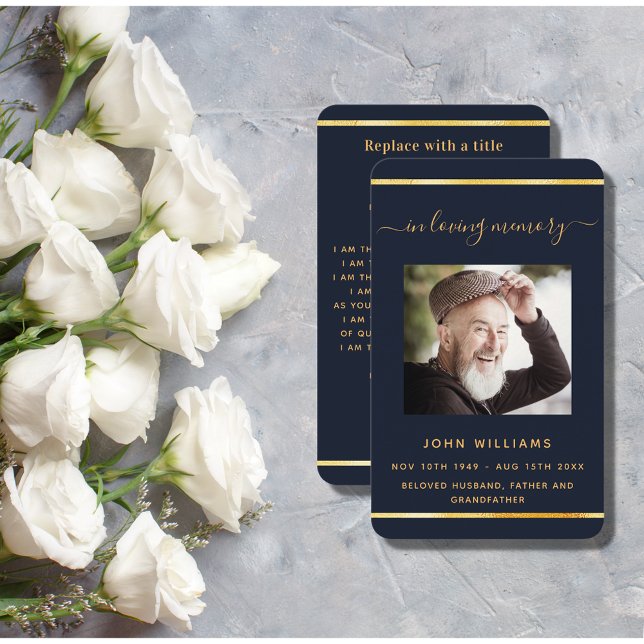 Blue gold photo elegant funeral prayer card (Creator Uploaded)