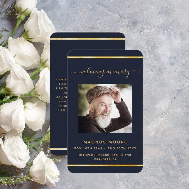 Blue gold photo elegant funeral prayer card (Creator Uploaded)