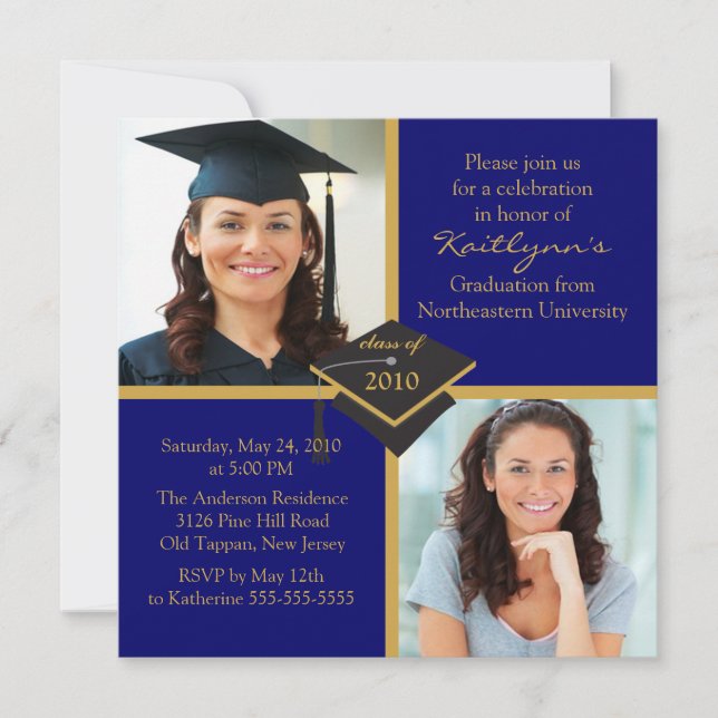 Blue & Gold Photo Graduation Invitation (Front)
