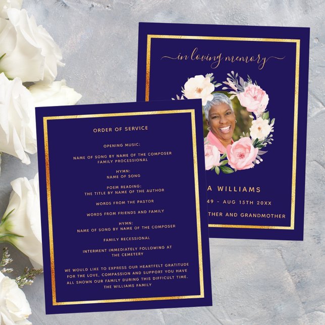 Blue gold photo pink floral funeral program (Creator Uploaded)