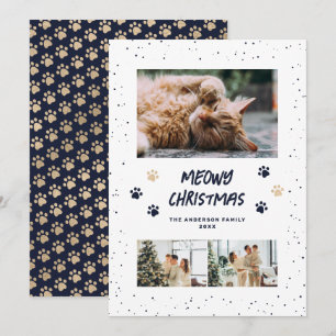 Blue Gold Photo Snow Paws Meowy Christmas Card