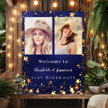 Blue gold photo stars 2 persons birthday welcome poster<br><div class="desc">A photo welcome poster for 2 persons,  friends,  sisters,  twins.  A navy blue,  uneven coloured background,  decorated with faux gold stars. Personalise and add 2 photos,  names and date(s)</div>