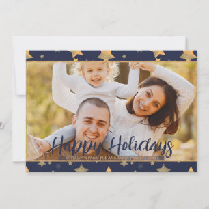 Blue Gold Photo Unique Festive Modern Christmas Holiday Card