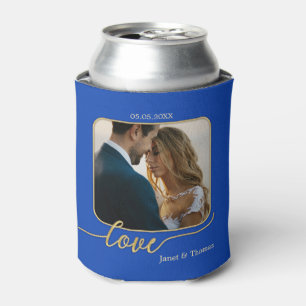 Blue Gold Photo Wedding Can Cooler