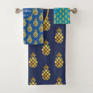 Blue gold pineapples green tropical family name bath towel set