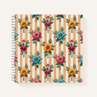 Blue Gold Pink Flowers on Tan Stripes Notebook