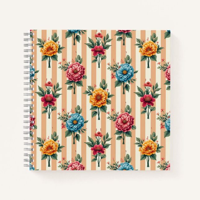 Blue Gold Pink Flowers on Tan Stripes Notebook (Front)