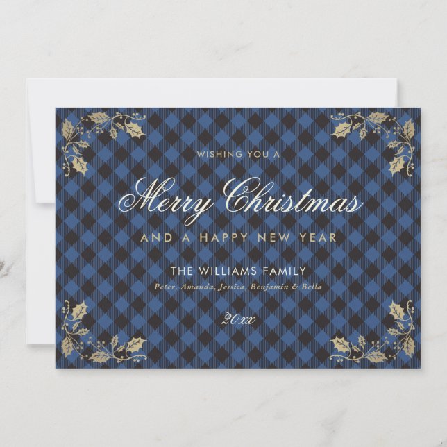 Blue Gold Plaid Christmas Happy New Year Cards (Front)