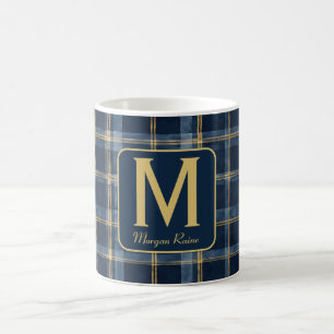 Blue & Gold Plaid, Monogram Letter & Name 11oz Coffee Mug