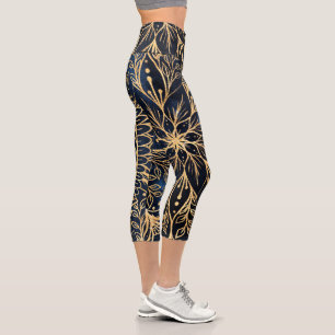 Blue Gold Poinsettia Flower Mandala Capri Leggings