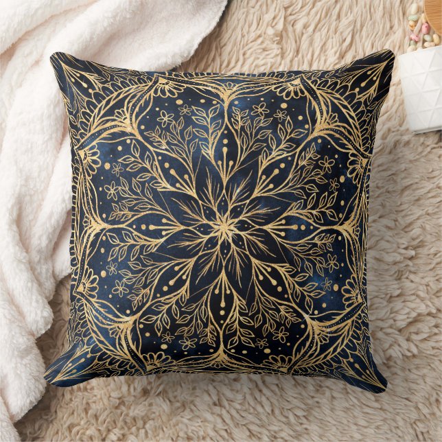 Blue Gold Poinsettia Flower Mandala Cushion (Blanket)