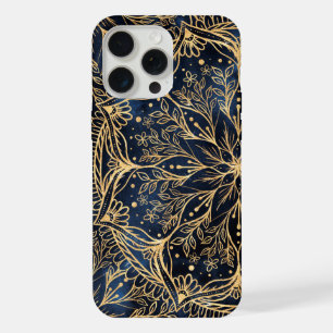 Blue Gold Poinsettia Flower Mandala iPhone 15 Pro Max Case