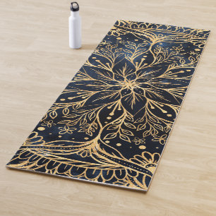 Blue Gold Poinsettia Flower Mandala Yoga Mat