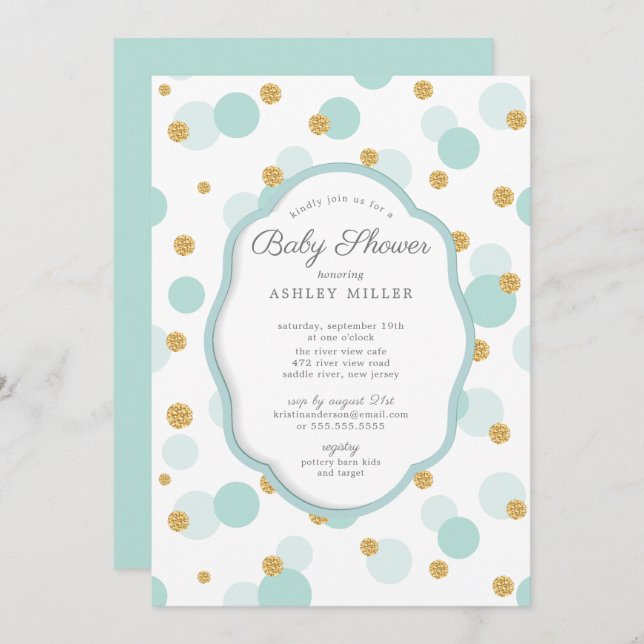 Blue & Gold Polka Dots Boys Baby Shower Invitation (Front/Back)